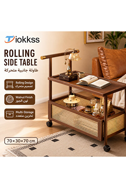 Tiokkss 2-Tier Rolling Side Table with Wheels, Walnut Finish Narrow Sofa End ...