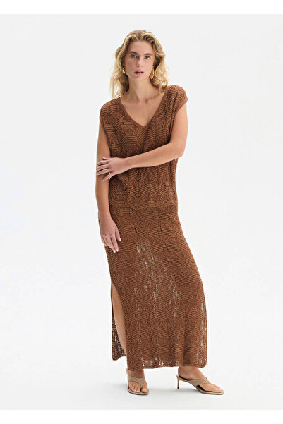Knitss Özel Örgü Detaylı Bronz Triko Etek