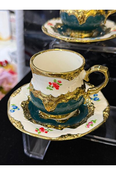 LOKMAN ZÜCCACİYE SHOWROOM 6 Persons Green Color Embossed Golded Coffee Cup Se...