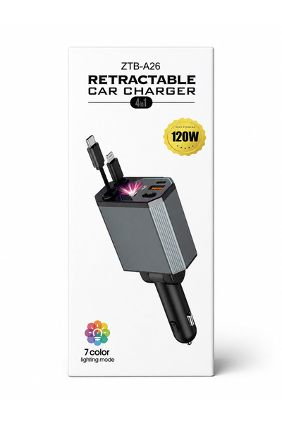 Alta Încărcător Auto Retractabil 4 în 1 ZTB-A26, 120W, USB + Type-C + Lightni...