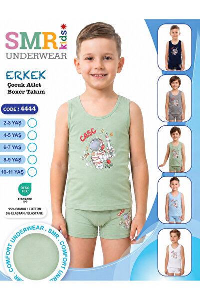 Kids Erkek Çocuk Açık Yeşil Astronot Desenli Atlet Boxer Takımı