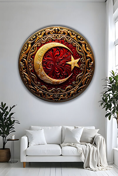 Parıltı Yayınları Ay Yıldız Türk Bayrağı Modern Yuvarlak Cam Tablo Ev Ofis He...