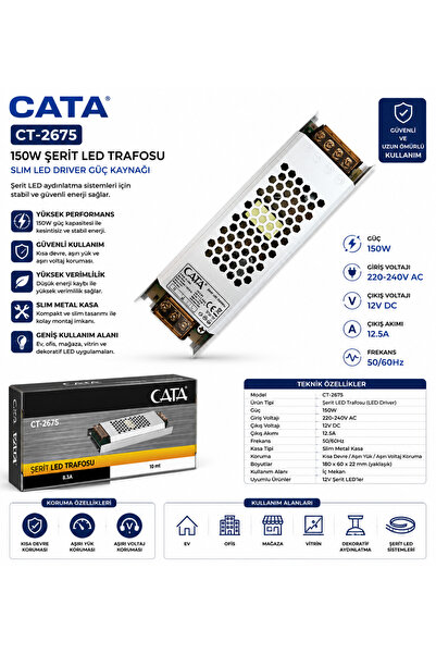 Markasız ucuz CT-2675 150W Şerit LED Trafosu 12V Slim LED Driver Güç Kaynağı