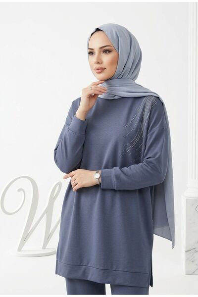 wishne Stone Detailed Indigo Hijab Tunic – Casual Stylish Long Tunic Model