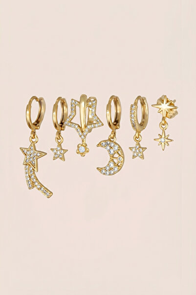 Hetra Gold Color Zircon Stone Shooting Star Moon Pole Star Dangle Earrings Se...