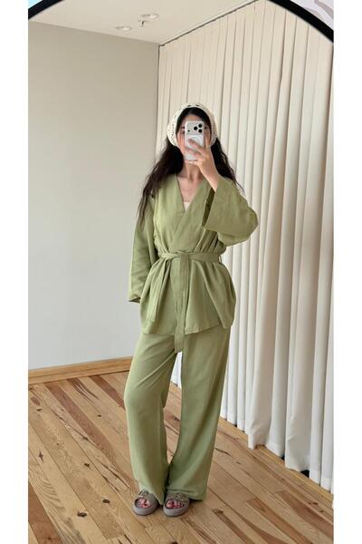 My Blog Khaki Belted Kimono Wide-Leg Pants Set