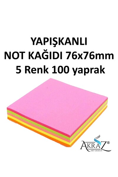 Akraz Art Design YAPIŞKANLI NOT KAĞIDI postit KÜP 76X76 100yp. 5 renk Mix neo...