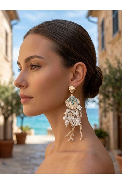 POYASE Sea Breeze Coral Oyster Design Dangle Earrings Turquoise Red and White...