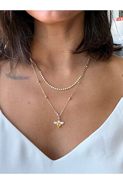 Merishe Jewerly Gold Double Chain Bee Patterned Necklace