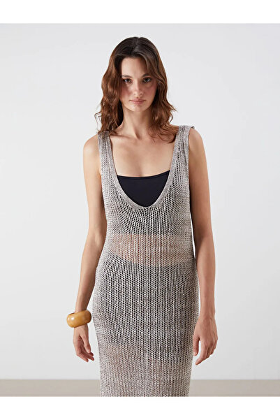 LC Waikiki Brown V-Neck Openwork Beach Dress