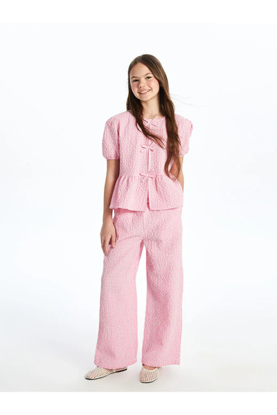 LC Waikiki Pink Elastic Waist Plaid Girls' Pants