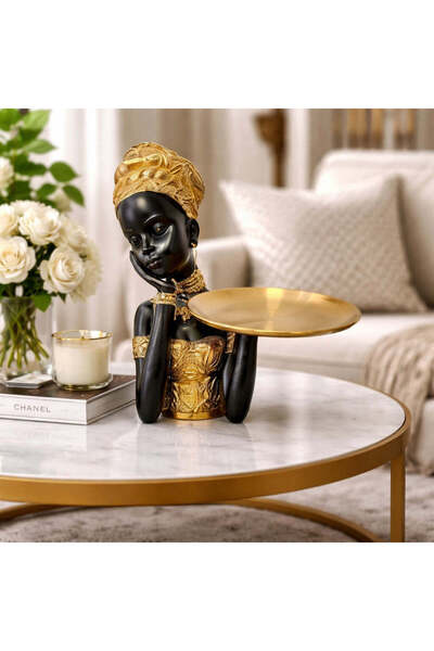 Vivendo Statueta Decorativa Negresa cu Tava Aurie, 18 X 19 X 23.5 CM