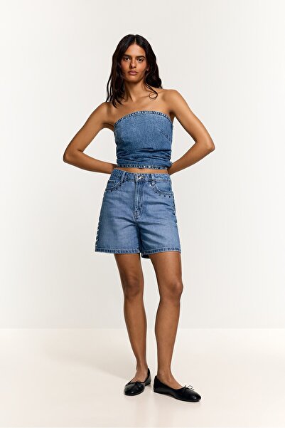 LEFTIES Zımba detaylı denim bermuda