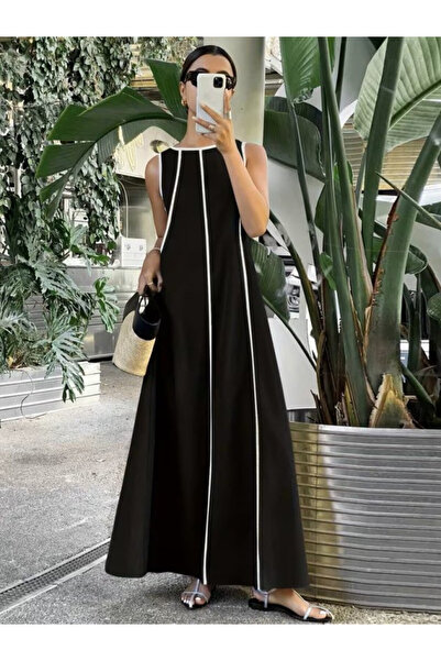 Efnaz style Women's Off the Shoulders Slim Striped Detail Long Viscose Dress