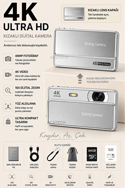 ACSTECH 4K Dijital Fotoğraf Makinesi | 16X Zoom | 2.8 İnç IPS Ekran | Kızaklı...