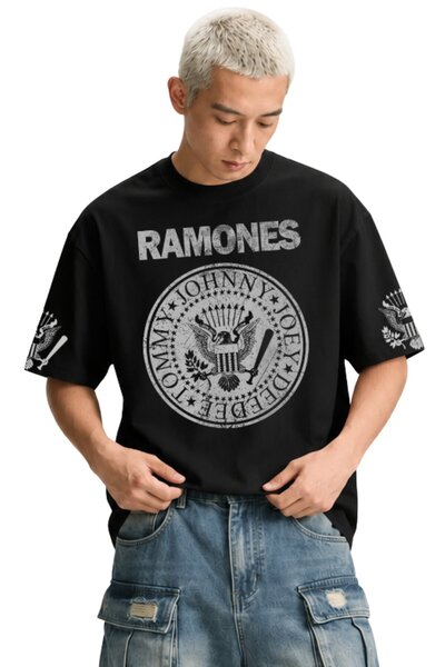 Fuddy Moda Unisex Ramones Logo Sleeve Printed Crew Neck T-Shirt, Oversize Roc...