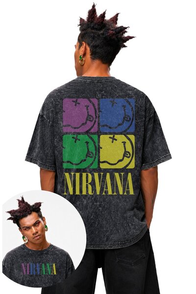 Fuddy Moda Unisex πολύχρωμο μπλουζάκι με στάμπα Nirvana στην πλάτη, πλενόμενο...