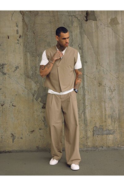 MATTİMODA Keten Kumaş Yelekli Baggy Pantolon Takım