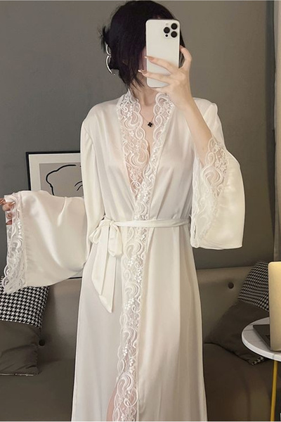 Generic Luxury Satin Nightgown Set for Women Elegant White Lace V-Neck Slip D...