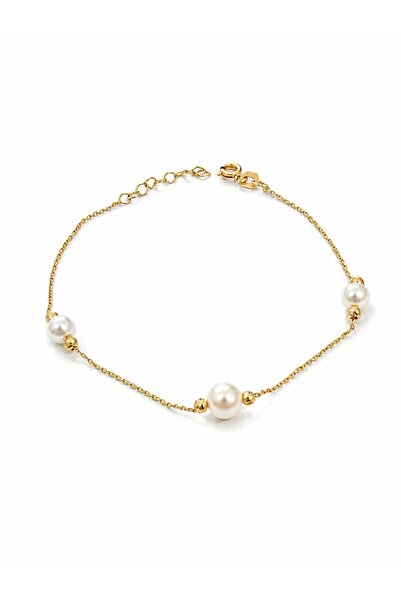 Aur 585 Brățară damă din aur galben 14k cu perle albe, 17,5+2 cm, 1,43 g