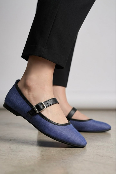 TOFİSA Дамски сини балеринки от деним с коланче и детайли - 28554-BLUE