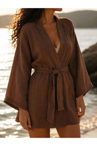 modekamoda Brown Double Layer Muslin Kimono Belted Slit Design Beach Kimono Swimsuit Top Pareo