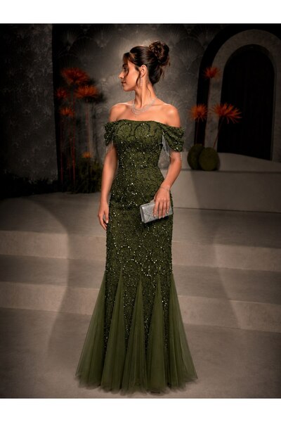 Jood Women's Evening Dress Embroidered with Dropped Shoulders and Tulle Skirt...