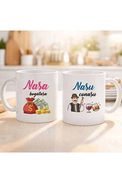 Arka9 Set Căni personalizate „Nașa Bogătașa, Nașu' Conașu'” – 330 ml