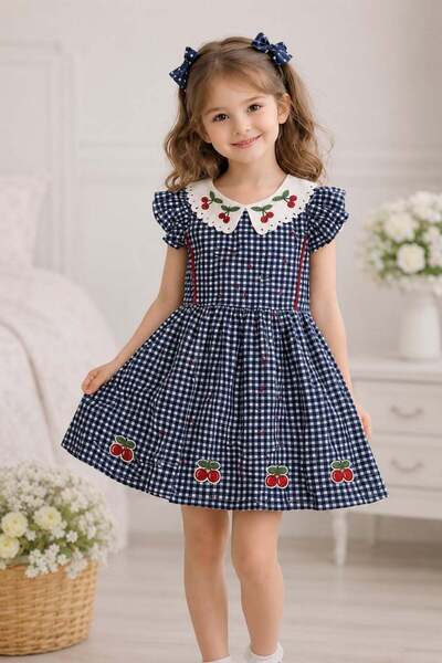 Trend Baby Kids Girl's Cherry Patterned Gingham Summer Dress Black 3-7 Years