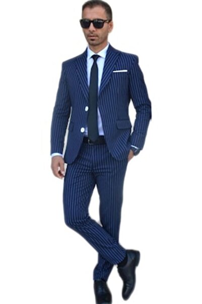 Sunt Romanesc Costum bărbătesc, Sunt Romanesc, slim fit, bleumarin cu dungi a...