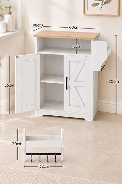 Yanara Farmhouse Coffee Bar Cabinet with Storage, Floating Shelf & Hooks, Whi...