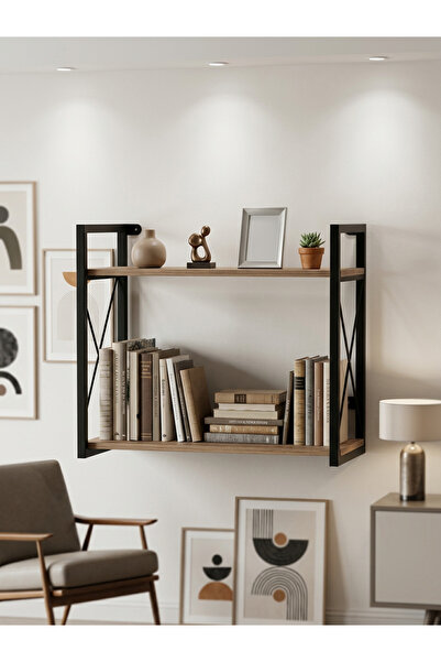 BRTWOODS Duvara Monte Metal Ahşap Kitaplık Dekoratif Salon Rafı