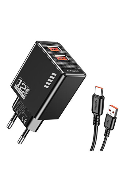 KAKUSİGA φορτιστής τοίχου KSC-1238 με καλώδιο USB-C, 2x USB, 12W, μαύρος