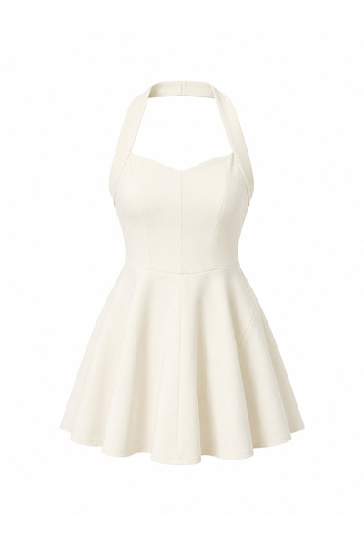 Elvan Güven Krem Halter Yaka Kloş Mini Elbise
