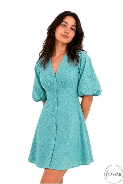 Cassime Rochie de vară mini 100% bumbac, verde, cu decolteu în V, pentru femei