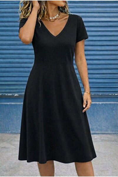 Wear Up فستان نسائي قصير الأكمام بياقة على شكل V من الفيسكون بطول متوسط