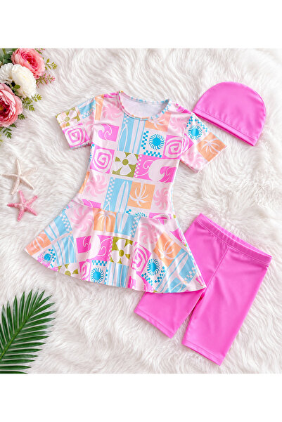 Asortix boutique KIZ ÇOCUK DENİZ & HAVUZ 3'LÜ BONE,ÜST,TAYT YARI KAPALI MAYO
