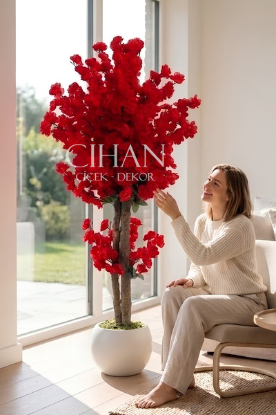 Cihan Çiçekçilik Yapay Kırmızı Japon Bahar Dalı Ağacı 100 cm 27*33 Beyaz Küre...