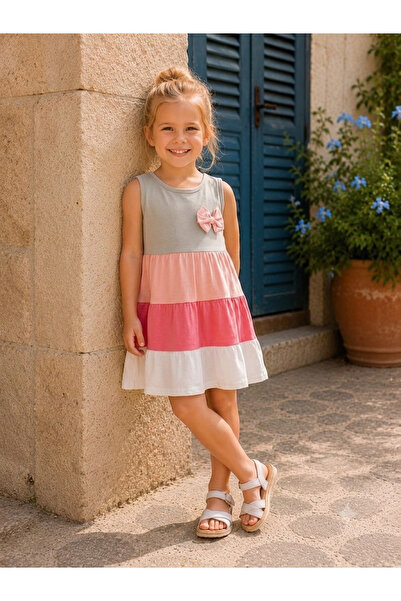 KİDSPİTİRCİK Girls' Green Bow Detail 100% Cotton Colorful Combed Cotton Dress