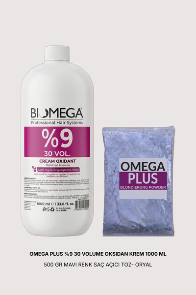 Omega Plus %9 30 Volume Oksidan Krem 1000 ml + 500 GR Mavi Renk Saç Açıcı Toz...
