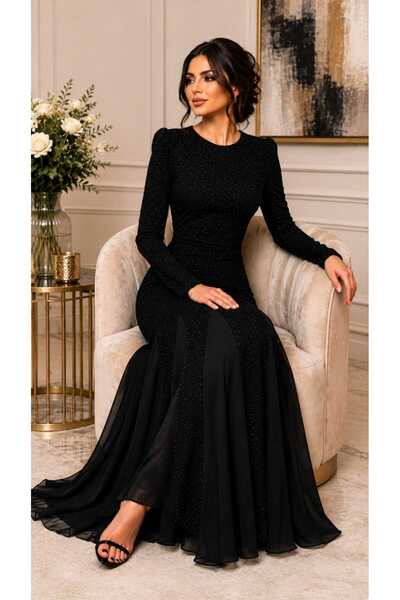 Bamah Royal Black Evening Gown with Crystal Beads Embellishment Elegant