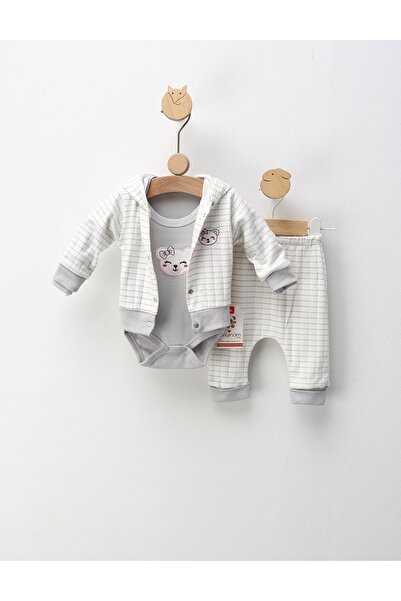 MiniKids Set 3 piese, Fetita Urs si Fundita, cu alb-gri