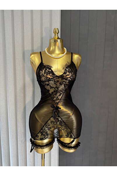 İana butik Dantel Detaylı Siyah Gecelik
