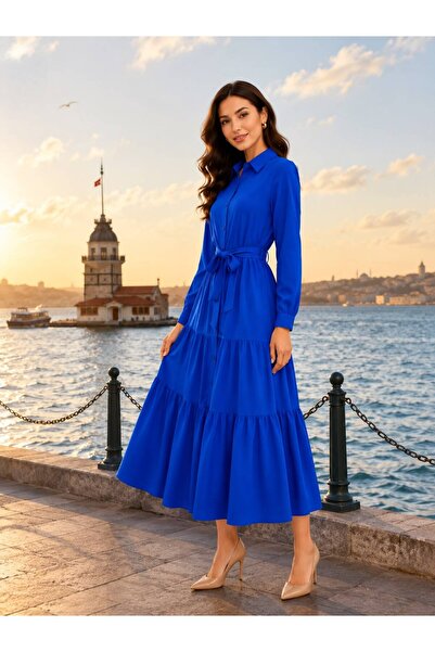PAYİNİ Shirt Dress with Belt Maxi Length Long Sleeved Dress