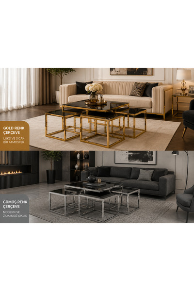Buket Dekor 4+1 Kare Sehpa / Gold ve Gümüş Renklerde