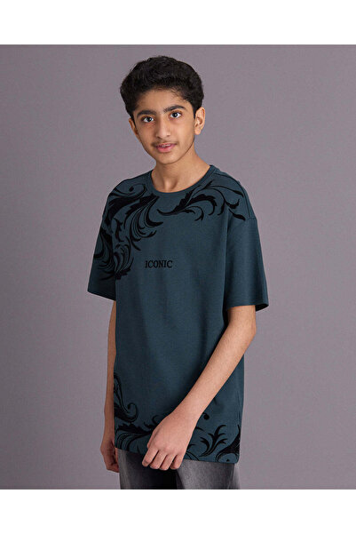 REDTAG Senior Boys Teal Flock Print Over Size T-shirt