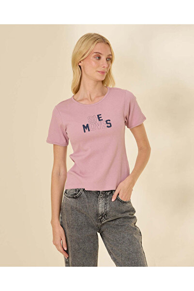 REDTAG Women Pink Graphic Ribbed T-Shirt