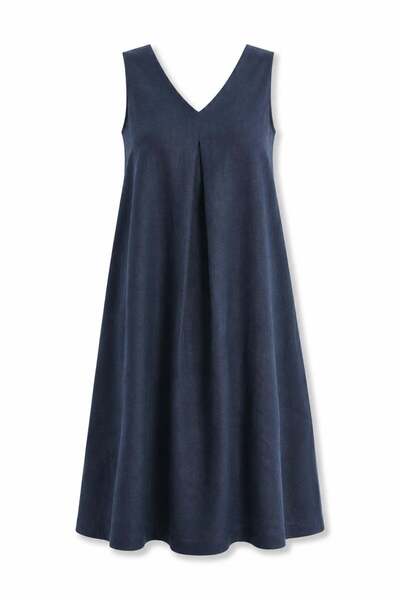 5in1Canpolat Navy Blue V-Neck Linen Midi Dress 16891