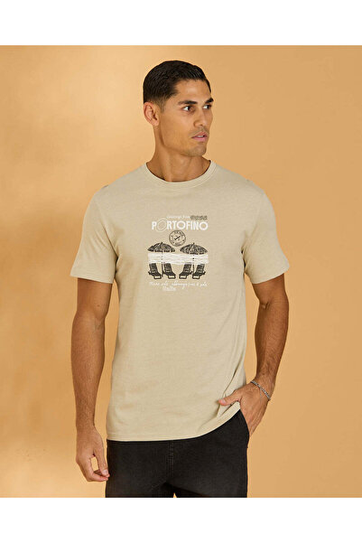 REDTAG Men Beige Basic Graphic T-Shirt