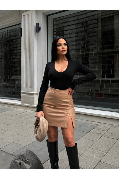 LB Laluna Butik Women's Slit Leather Skirt